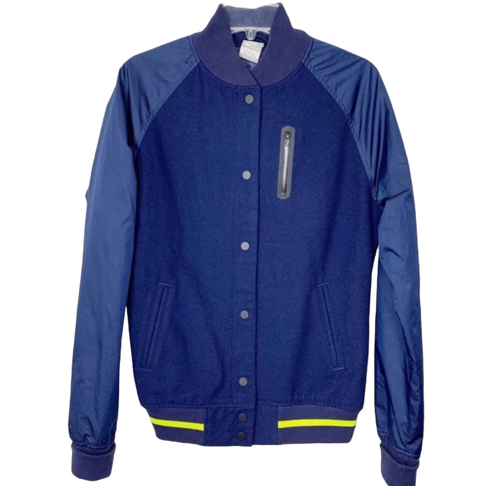 Vintage Nike Varsity Wool Bomber Jacket in Navy with Neon Stripe Women’s M Tall